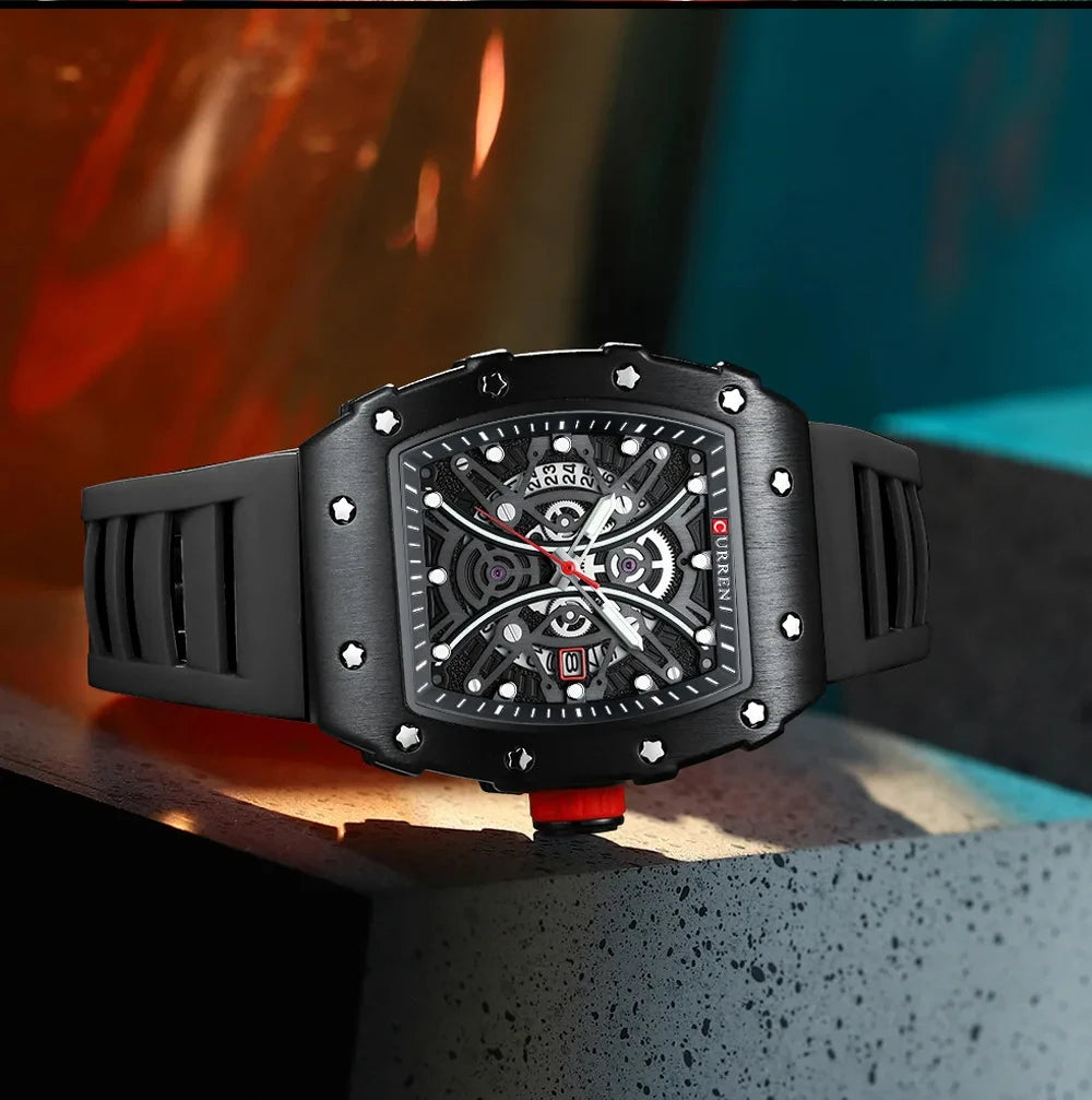 Curren 8438 Luxury Silicone Strap Men's Quartz Wristwatches Waterproof Square Sports Watch with Calendar Function