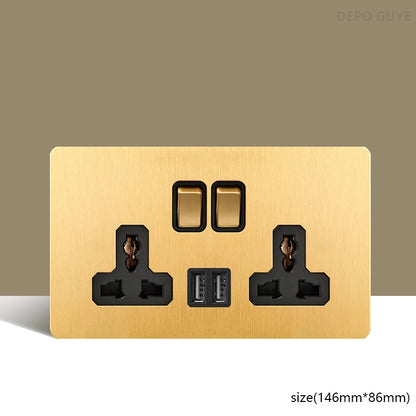 Retro Wall Light Toggle Switch Dual EU FR Socket Gold Stainless Steel Brushed Panel  Vintage Brass Lever For Home Improvement