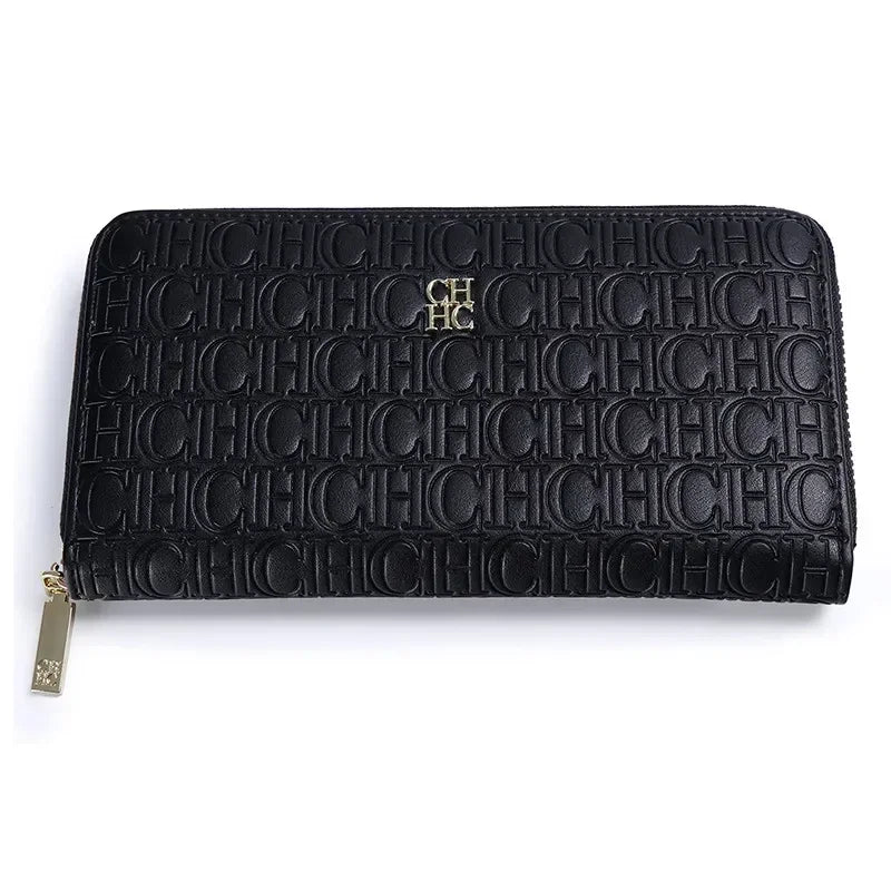 CH Elegant Embossed Zipper Wallet Brand Gold Micro Logo Multi-Card Slots Zipper Compartment Leather Clutch Wallet