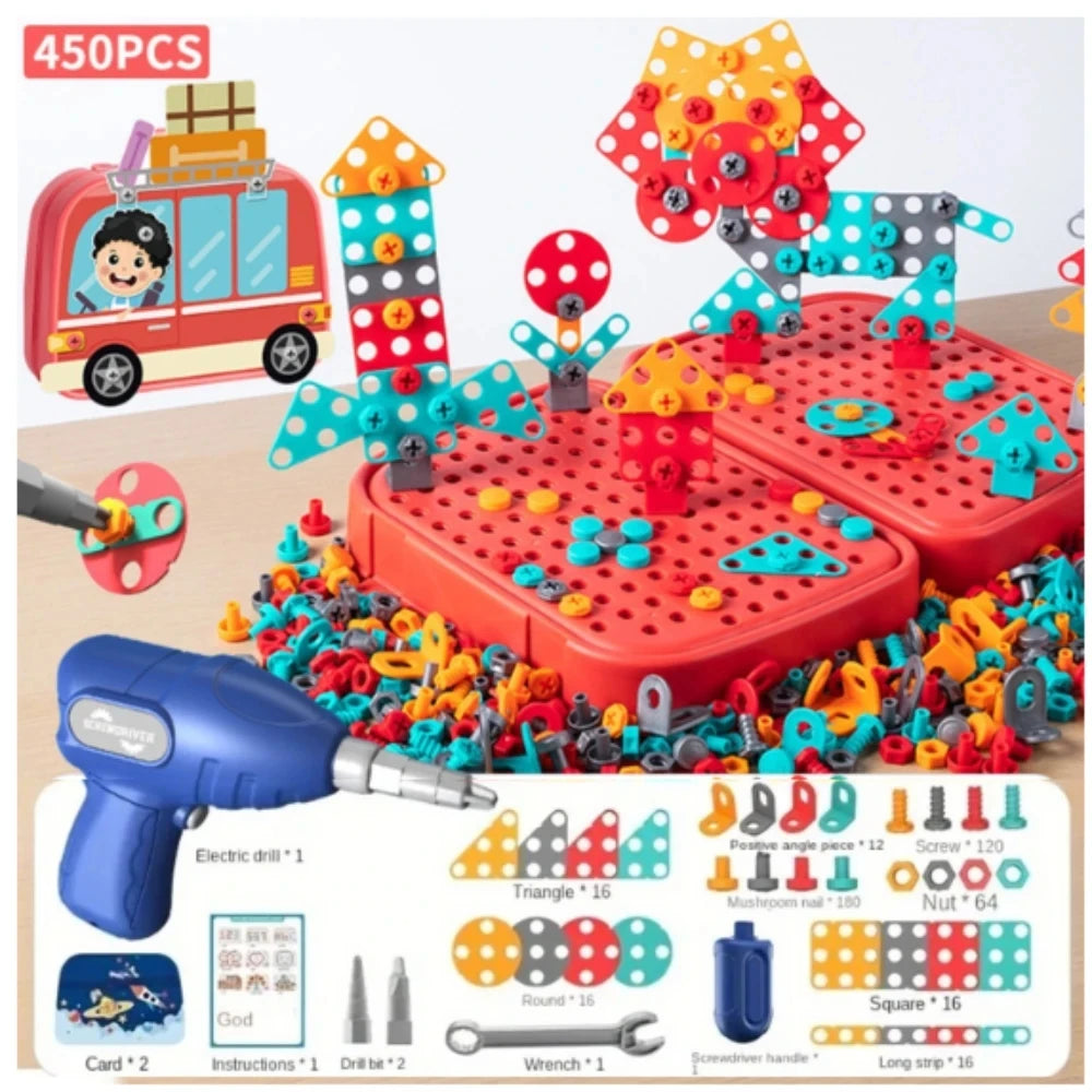 450Pcs Kids STEM Drill Set Creative Mosaic Puzzle Building Blocks Educational Engineering Kit with Screwdriver for Boys Girls