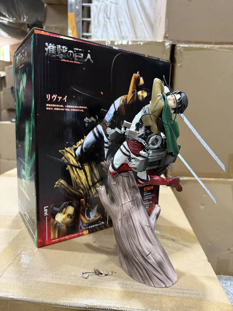Attack On Titan Levi Ackerman Figure Tree Stump Battle Standing Pose Statue 28cm Scout Regiment Anime Collectible Desktop Decor