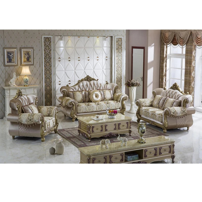 &European Luxury 1 2 3 Seater Fabric Couches Sofa Set Villa Home Furniture Classic Royal Solid Wood Sectional Living Room Sofas