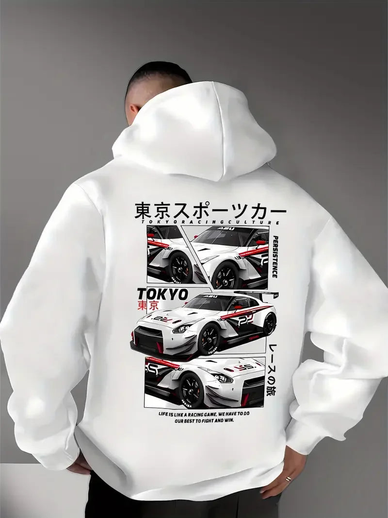 Behind the elements of the Japanese Tokyo Motor City, there is a big picture printed men's casual street style hoodie, sweatshir