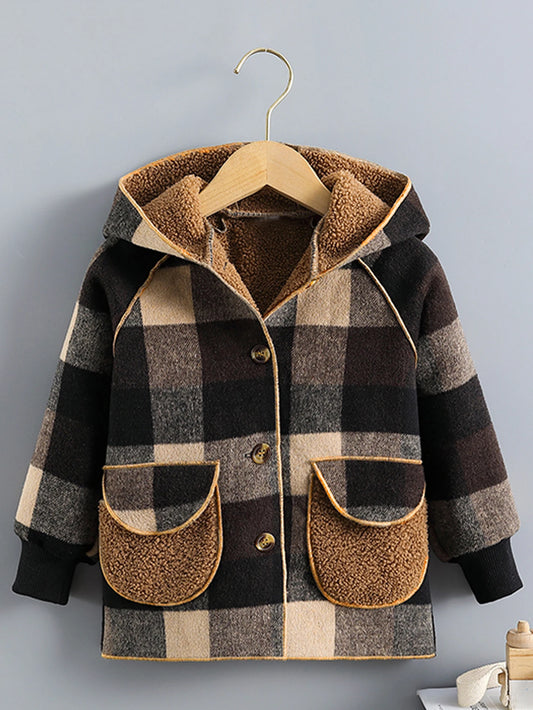 Children's Clothing Boys' Plaid Hooded Mid-Length Spring and Autumn Jacket, Winter Open-Front Outerwear, Comfortable Raglan Sleeves