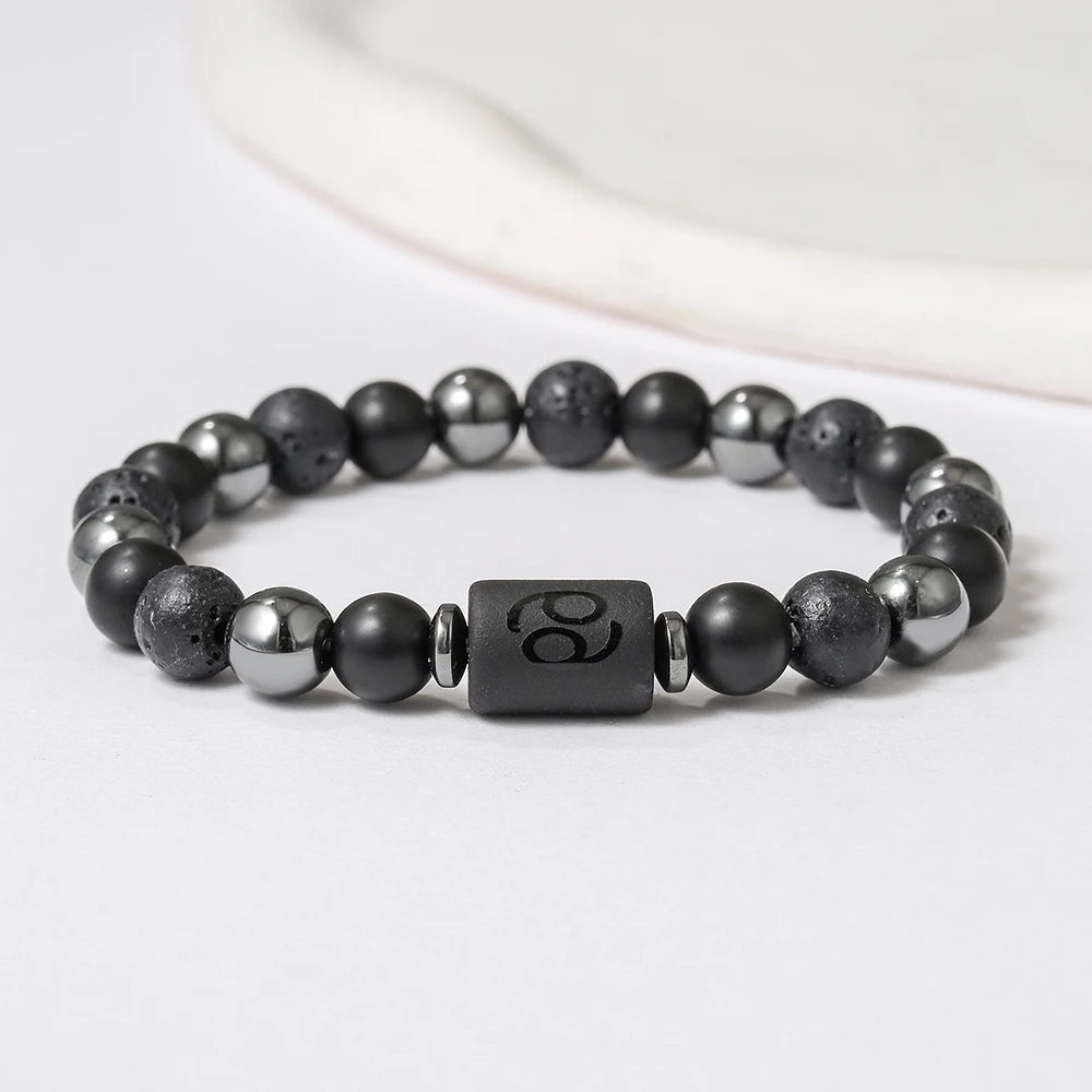 New Arrival 12 Zodiac Energy Bracelet Natural Volcanic Stone Black Retro Handmade Couple Beaded Jewelry