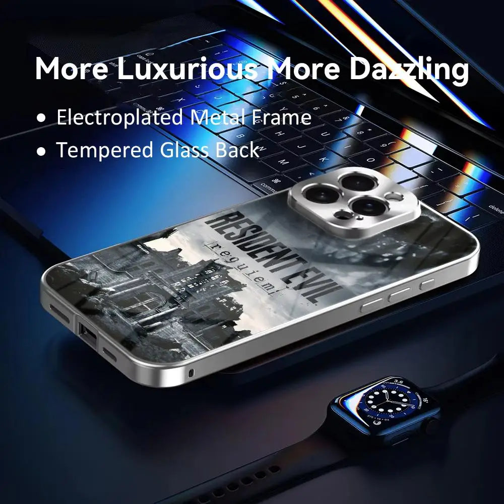 R-Resident Evil 9 Phone Case For IPhone 17 16 15 14 13 12 Pro Max Plus Electroplated Metal Bumper Case Tempered Glass Back