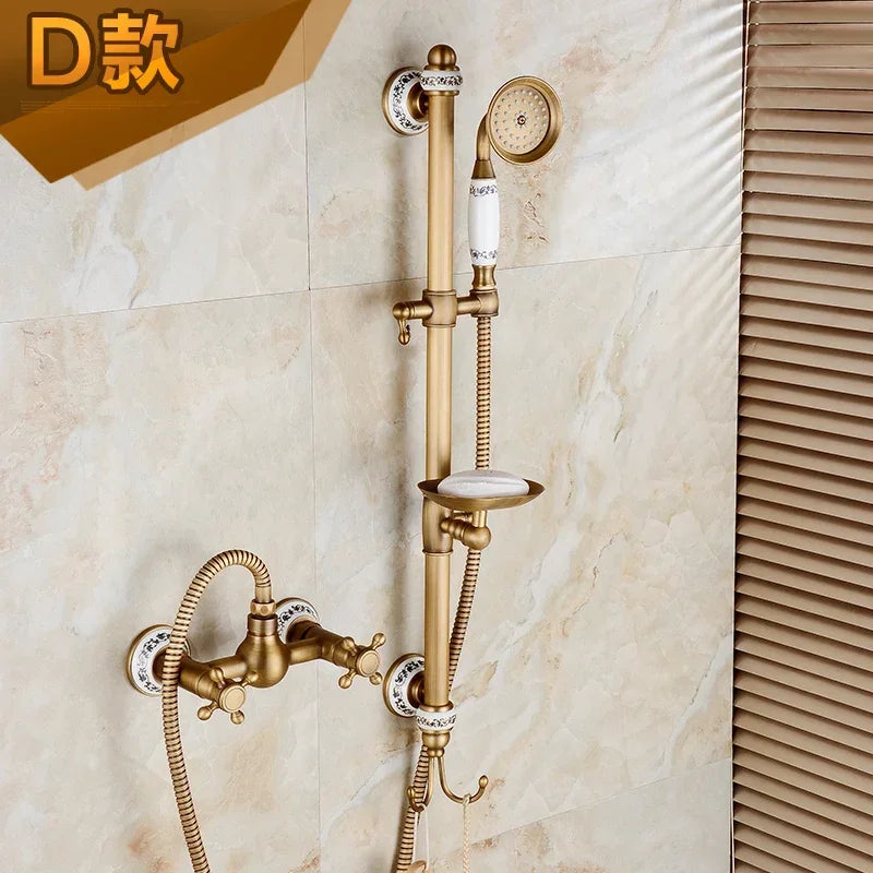 Brass Luxury Bathroom Shower Antique Bronze Finished Wall Mounted Lifting Bathroom Shower Mixer Set Portable Shower