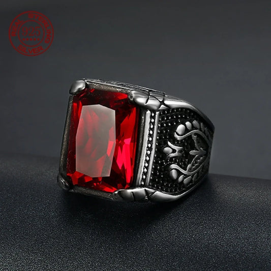 Simplicity Vintage S925 Sterling Silver Mens Tulip Signet Rings With Black Stone Retro Flower Engraved Punk Rock Jewelry Gift