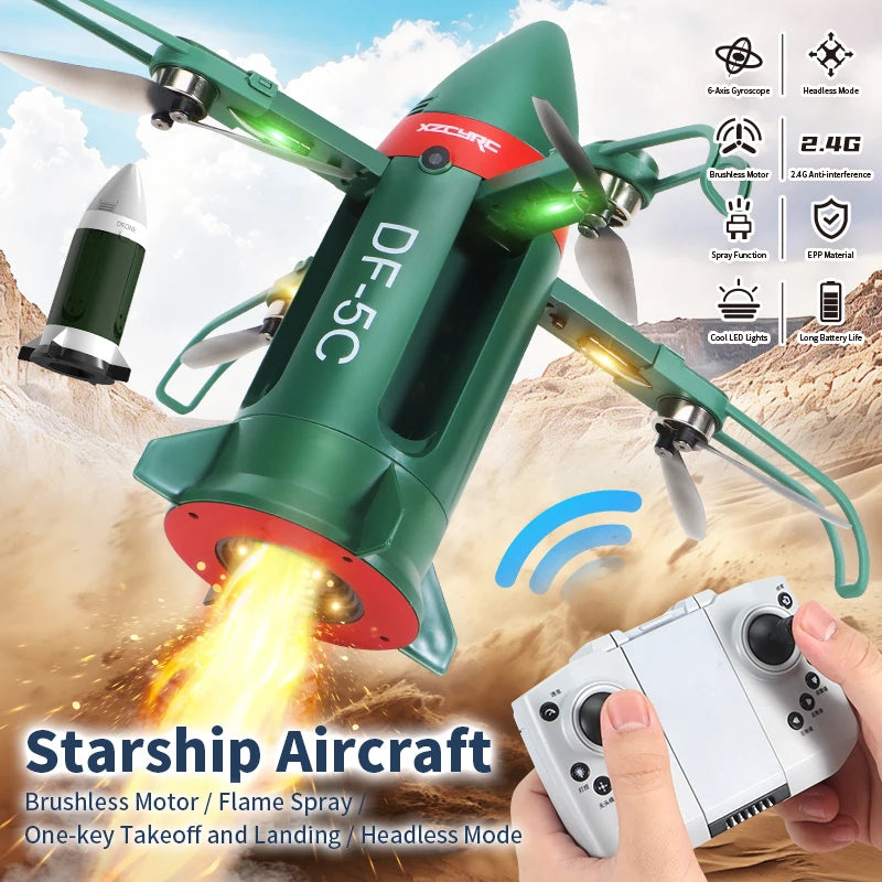 DF-5C Rocket Drone Brushless Motor Flame Spray LED Lights 2.4G RC Foldable One Key Takeoff Landing Headless Mode Kids Toy