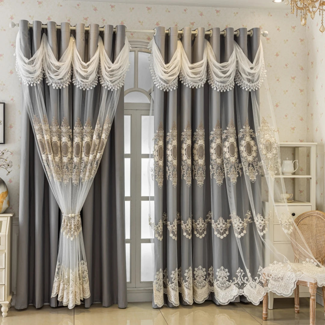 1pc 100% Full Blackout European Luxury Embroidered Curtains, Blackout for Living Room & Bedroom