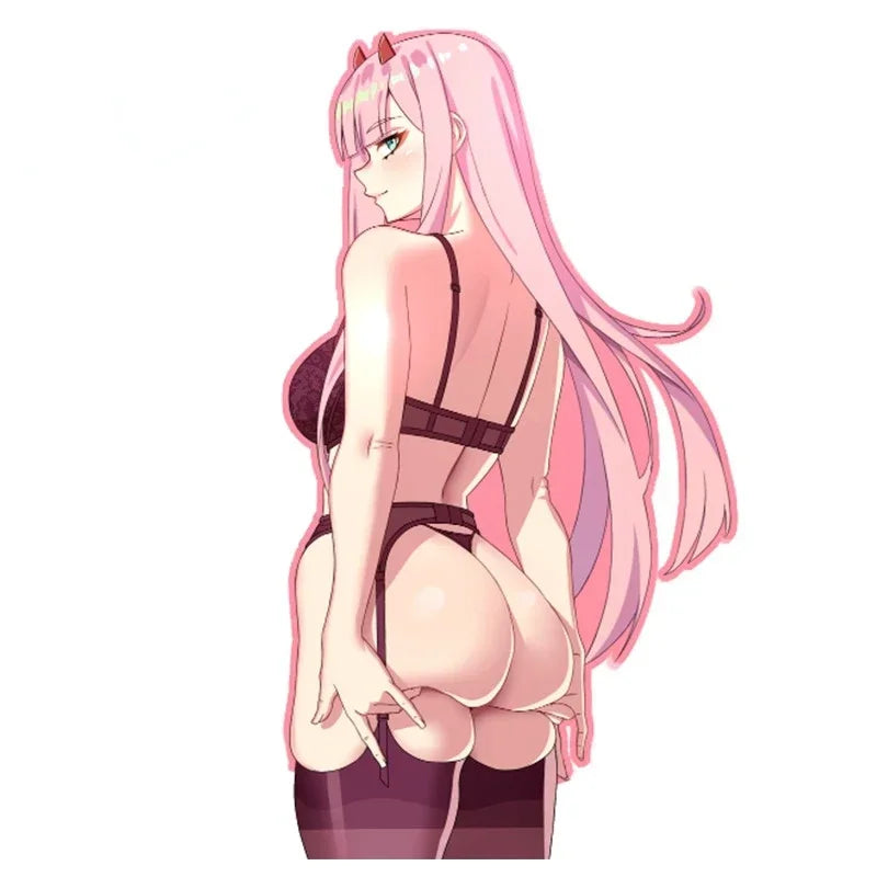 Kawaii cartoon decal featuring Zero Two from DARLING In The FRANXX in a playful pose, ideal for car and motorcycle stickers.