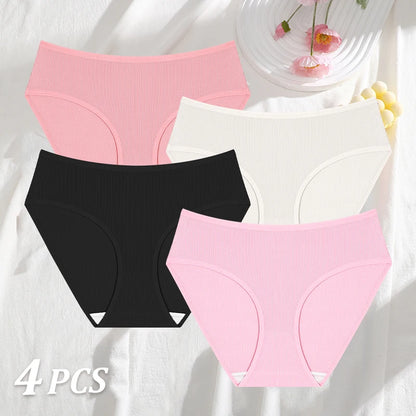 4PCS/SET Striped Ribbed Panties Set Women Mid Waist Breathable High Elastic Comfortable Sports Briefs Solid Color Daily Lingerie