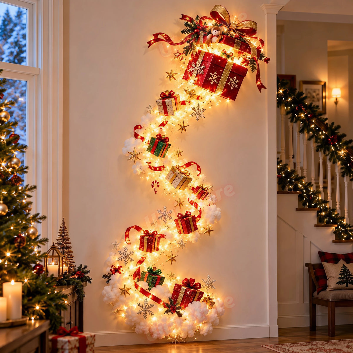 Christmas Magic Trail Wall Light-LED Glowing Christmas Scene Wall Decoration,Santa Sleigh Reindeer Hanging Decoration for Party