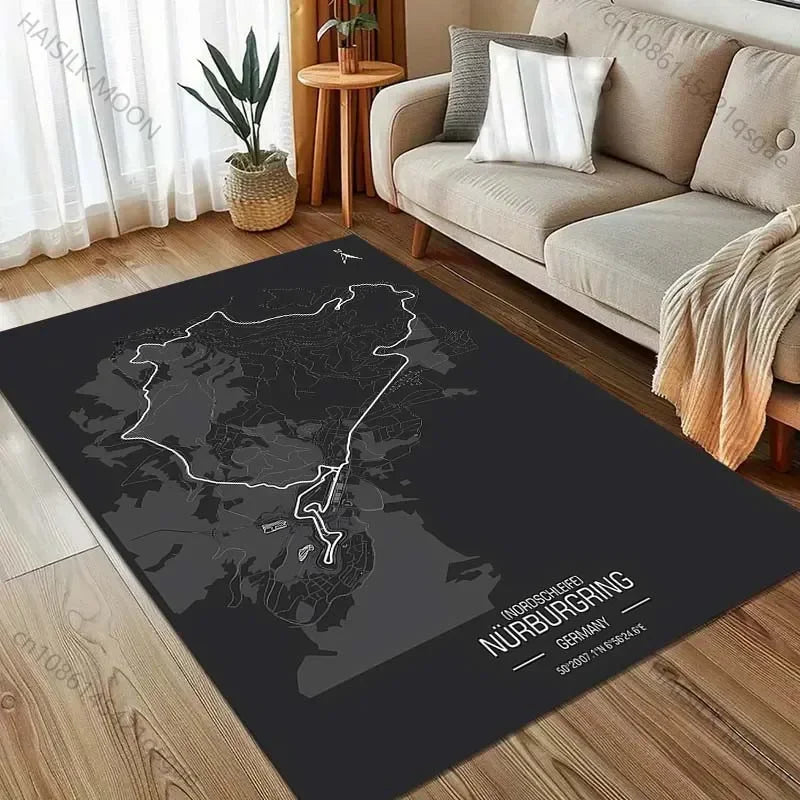 Race Track Inspired Area Rug – F1 Style Circuit Carpet for Living Room & Bedroom, Non-Slip Washable Large Floor Mat