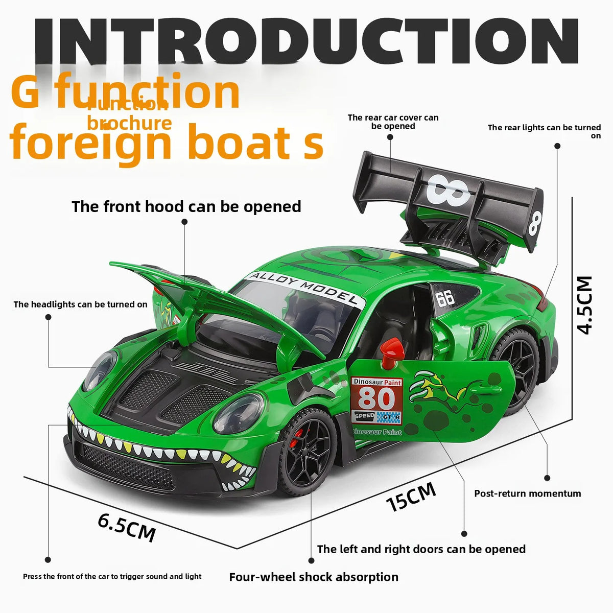 1:32 Porsche 911 GT3 R Rexy T-Rex Livery AO Racing Car Pull Back Toy with Light & Sound Drop Resistant Decor Gift for Collectors