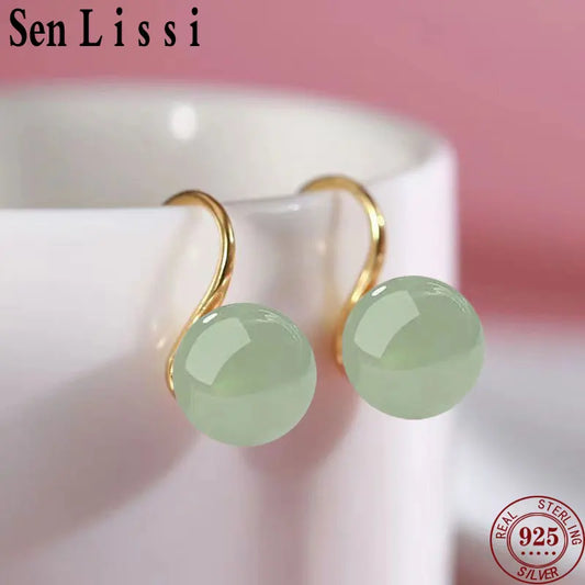 Senlissi- Retro Palace 8-12mm Natural Hotan Jade Earrings 925 Sterling Silver Stud 18k Earrings for Women Jewelry Gifts C2202578