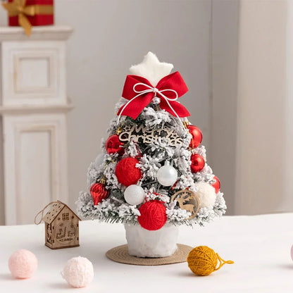 2025 Mini Flocking Christmas Tree with Golden Red Ball Led Lights Desktop New Year Home Christmas Decorations