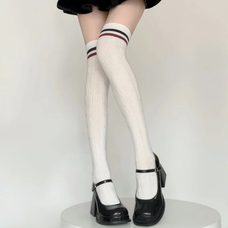 1 3 Pairs Women's Cotton Thigh High Socks Over The Knee Colorful Striped Pattern Casual Daily Wear Fashion Socks Black White
