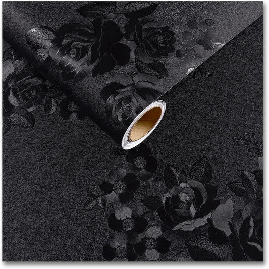 Black Floral Self Adhesive Wallpaper Vintage Black Floral Embossed Contact Paper for Cabinets Drawers Kitchen Countertop Wall