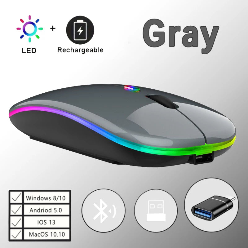 Wireless Rechargeable Mouse With LED Backlight  Bluetooth With Type-C Adapter Gaming Mouse Suitable For MAC/Laptop/PC/Windows