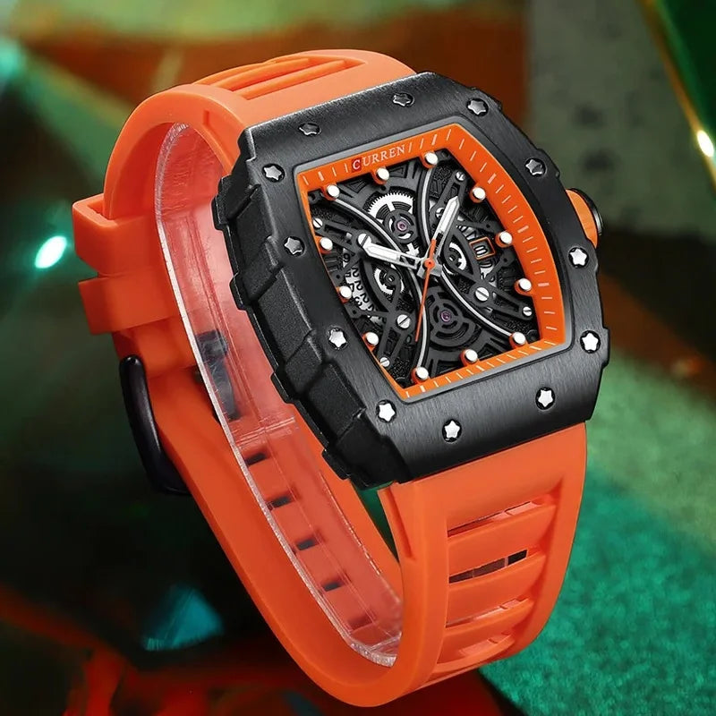 Curren 8438 Luxury Silicone Strap Men's Quartz Wristwatches Waterproof Square Sports Watch with Calendar Function