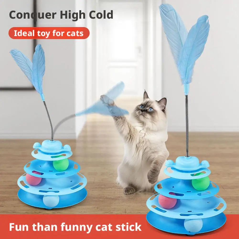 Cute 4 Layer Cat Track Toy Interactive Roller Turntable Ball With Moving Feather Wand For Kitten Fun Pet Accessories