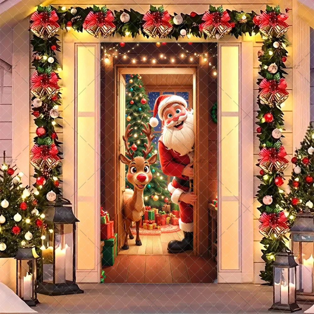 Christmas Humorous Santa Claus And Elk Door Banner Party Decorations Indoor Outdoor Veranda Door Cover Supplies Festive Gifts