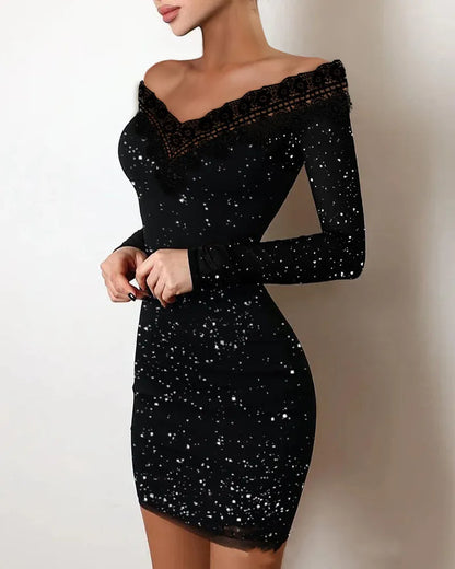 Women Elegance, Leisure, Sexy Long sleeved Lace Edge, One Shoulder Silver Powder Sprinkled Dress
