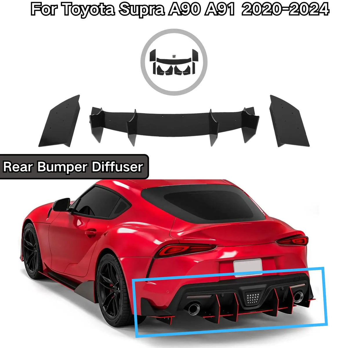 For Toyota Supra A90 A91 2020-2024 Rear Bumper Diffuser Glossy Black Red Border Car Accessories Body Kit Wind Blade Plastic