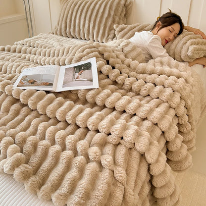 Thick Warm Wide Striped Flannel Blanket Solid Color Soft Fluffy Plush Throws for Sofa Bed Office Travel Multifunctional Blanket