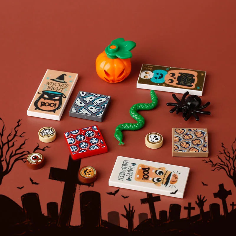 DIY City Tiles Printed Building Blocks Street View Ghost Pumpkin Medical Stretcher Music Package Bricks Christmas Halloween Toys