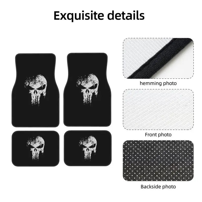 Skeleton Skull Car Floor Mats Set of 4 Pieces Heavy Metal Car Front and Rear Foot Mats Universal with Non Slip Rubber Backing