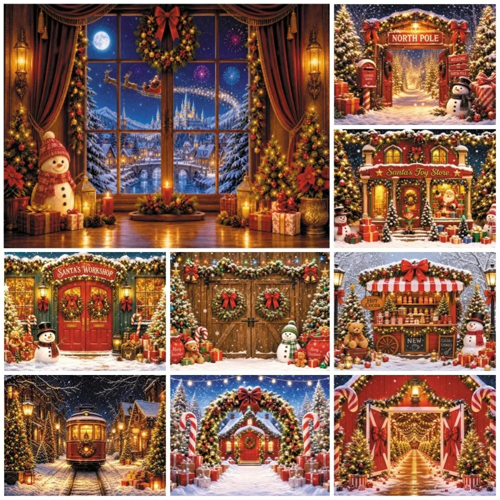 Winter Christmas Red Screen Snowman Christmas Tree Theme Banner Backdrop, Christmas Party, Home Decoration Photography Backdrop