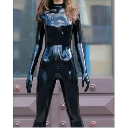 Latex Pure Rubber Catsuit Black Fitted Bodysuit Masquerade Tights with Gloves Rear Zipper 0.4mm S-XXL