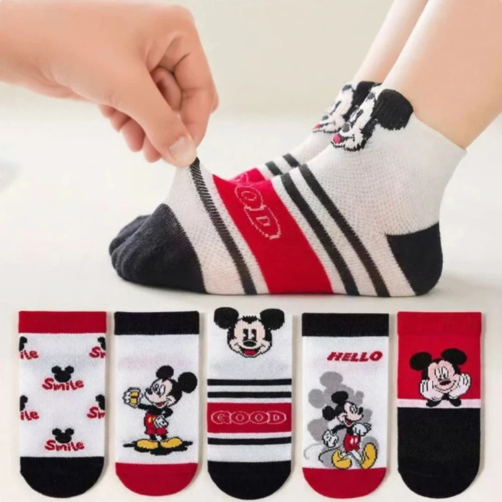 5 Pairs of Girls' Striped Color Block Cartoon Printed Knitted Short Socks Korean Style Breathable Mesh Invisible Ankle Socks