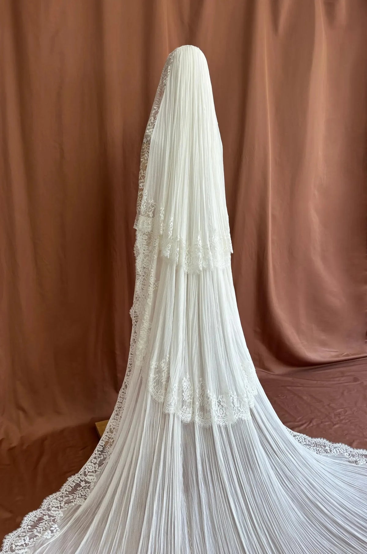 Luxury White Sheer Cathedral Veil with Tiered Lace Trim and Pleated Tulle Long Bridal Headpiece Customized V265190