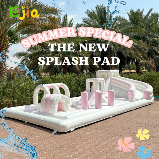 Stock Inflatable Splash Pad Water Park Obstacle BounceHouse With Slide Pink White Splash Pad Ball Pit Bounce Castle For Party