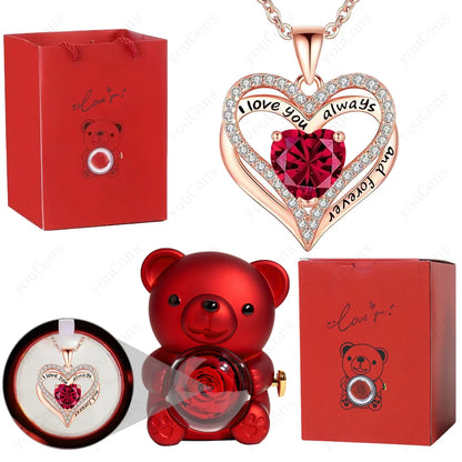 Red Heart Pendant Necklaces With Cute Bear Rose Gift Box For Women Mother Day 2026 Christmas Valentine Wedding Birthday Jewelry
