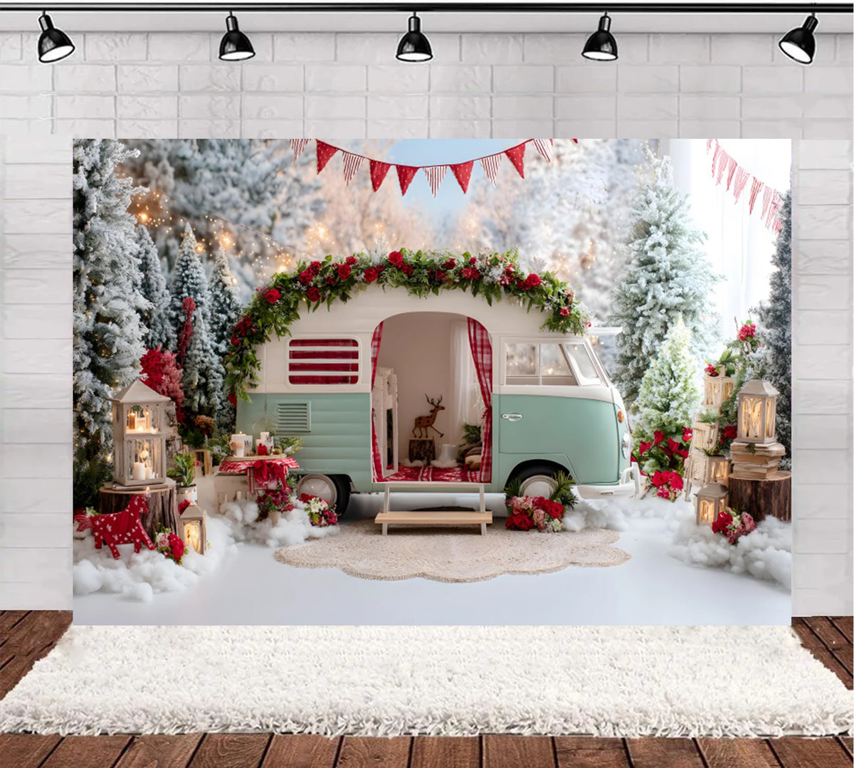 Christmas Photography Background Winter Snowy Pine Trees Mini Bus Camper Backdrop Xmas Gift Kids Winter Outdoor Photocall