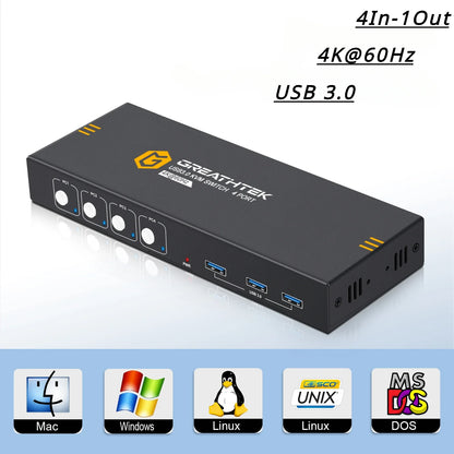 USB3.0 KVM Switch HDMI 4K@60Hz for 4 Computers Share 1 Monitor Share Keyboard Mouse  Support Button Switch Plug and Play