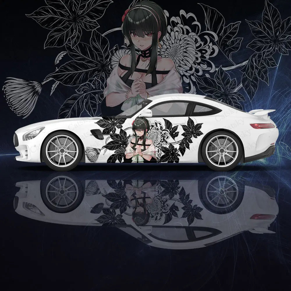 Yor Forger anime car stickers on a sleek white sports car with floral design and character illustration.