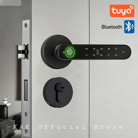 KAK Tuya Handle Fingerprint Key Card Digital Smart Door Lock Keypad Key Entry Electronic Lock 180 Days Super Long Standby Time