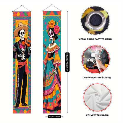 Day Of The Dead Door Banner Set Skeleton Couple Polyester Cloth Dia De Los Muertos Halloween Porch Sign For Indoor Outdoor Decor