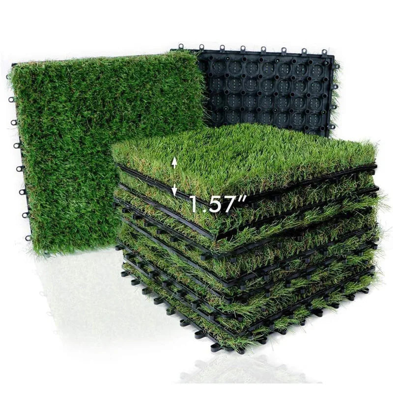 Interlocking Artificial Grass Tiles, 12x12in Self-Draining Fake Grass Deck Tiles, UV-Resistant Synthetic Turf Mats for Patio, Ba