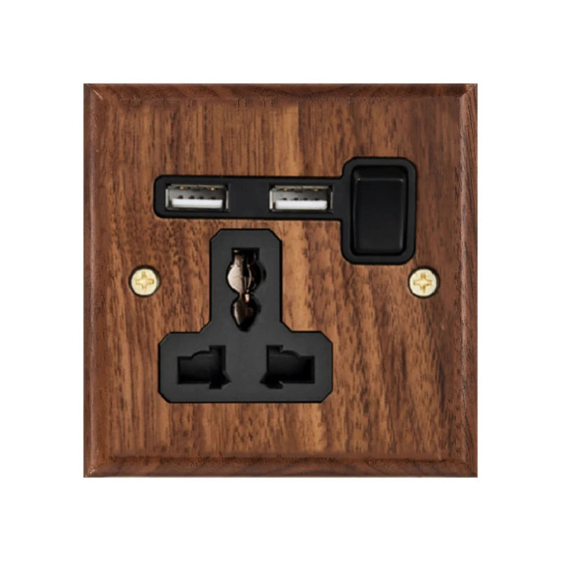 Black walnut wood retro British light switch socket, bedside wall lamp switch LED dimmer, pure wood brass toggle switch board