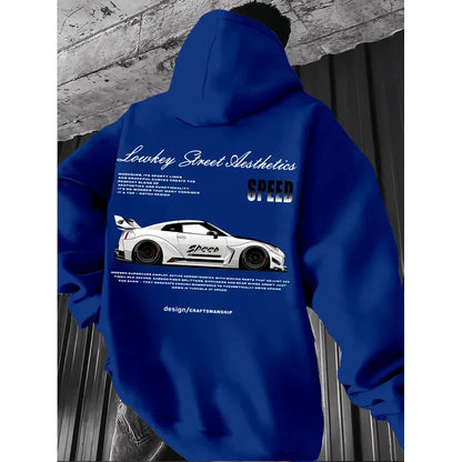 2026 New Arrival Sports Car Graphic Hoodie for Men White Street Racing Aesthetic Pullover with SPFRD Letter Print Streetwear