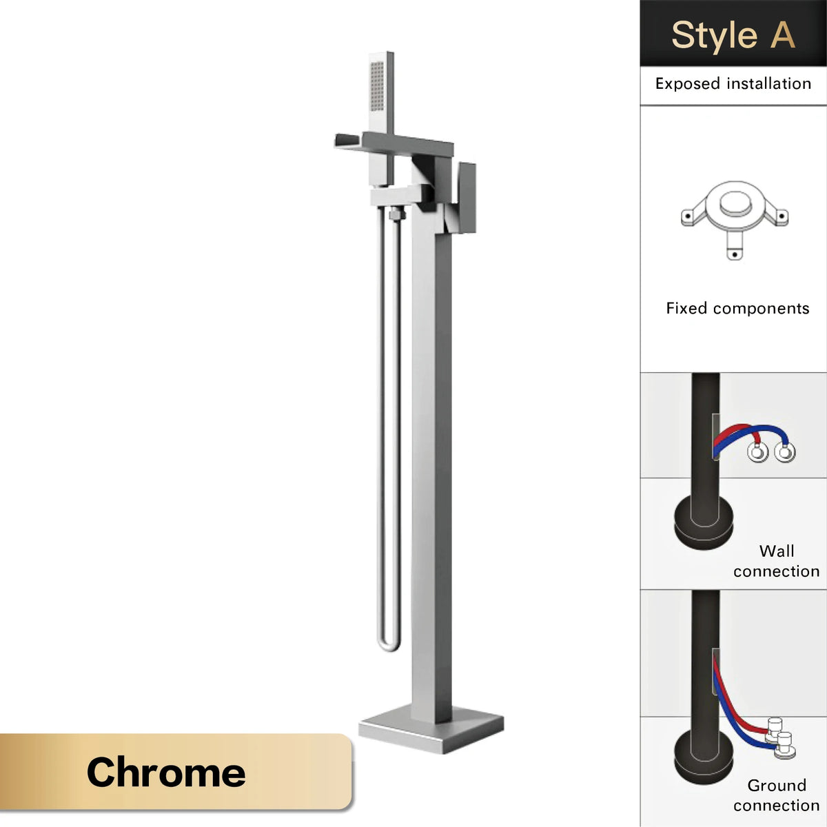AITANA Luxury Black Brass Floor Standing Bathroom Faucet with Waterfall Water Outlet Design, Hot and Cold Bathtub Mixer