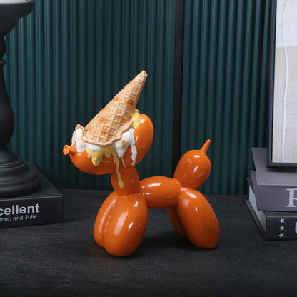 Balloon Dog Sculpture with IceCream Cone & Cake Design, Creative Bull Statue for Home Decor