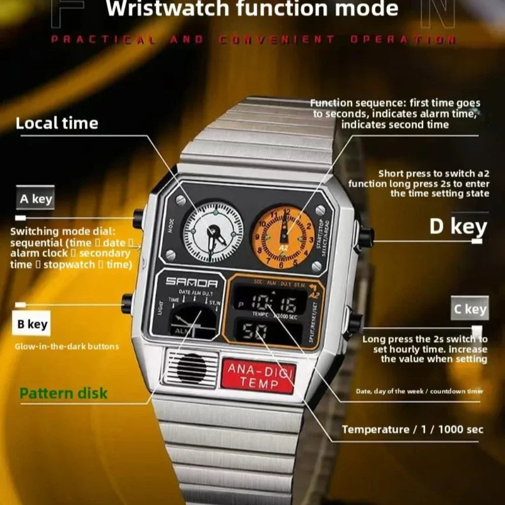 Ultra-thin Steel Alarm Electronic Multifunctional Retro Display Square quartz Watches Men's Outdoor Sports Clock Dual AAA Watch