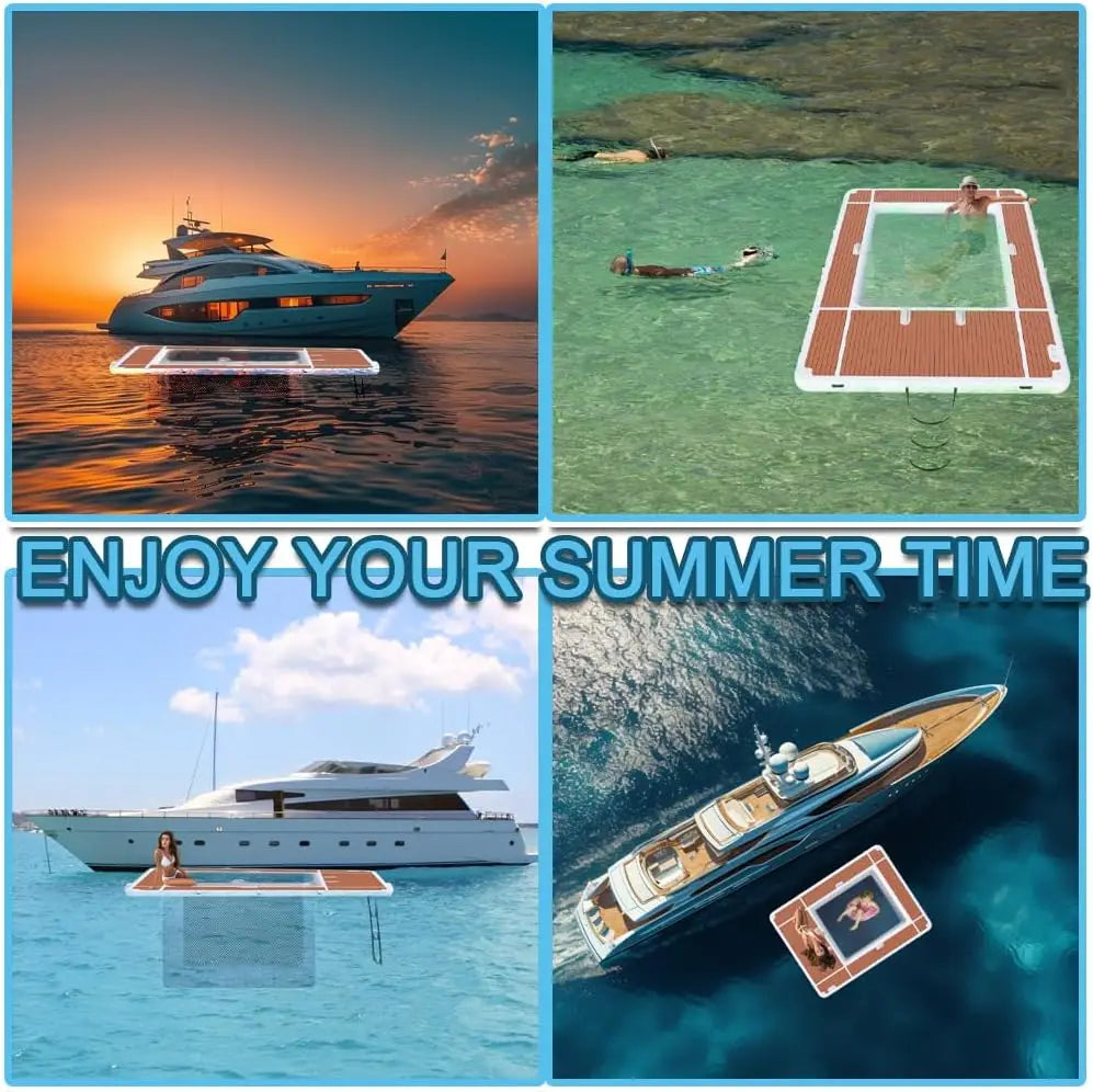 US Stock Inflatable Floating Swimming Pool Inflatable Dock Floating Platform 13x10ft Inflatable Sea Pool with Net for Yacht Boat